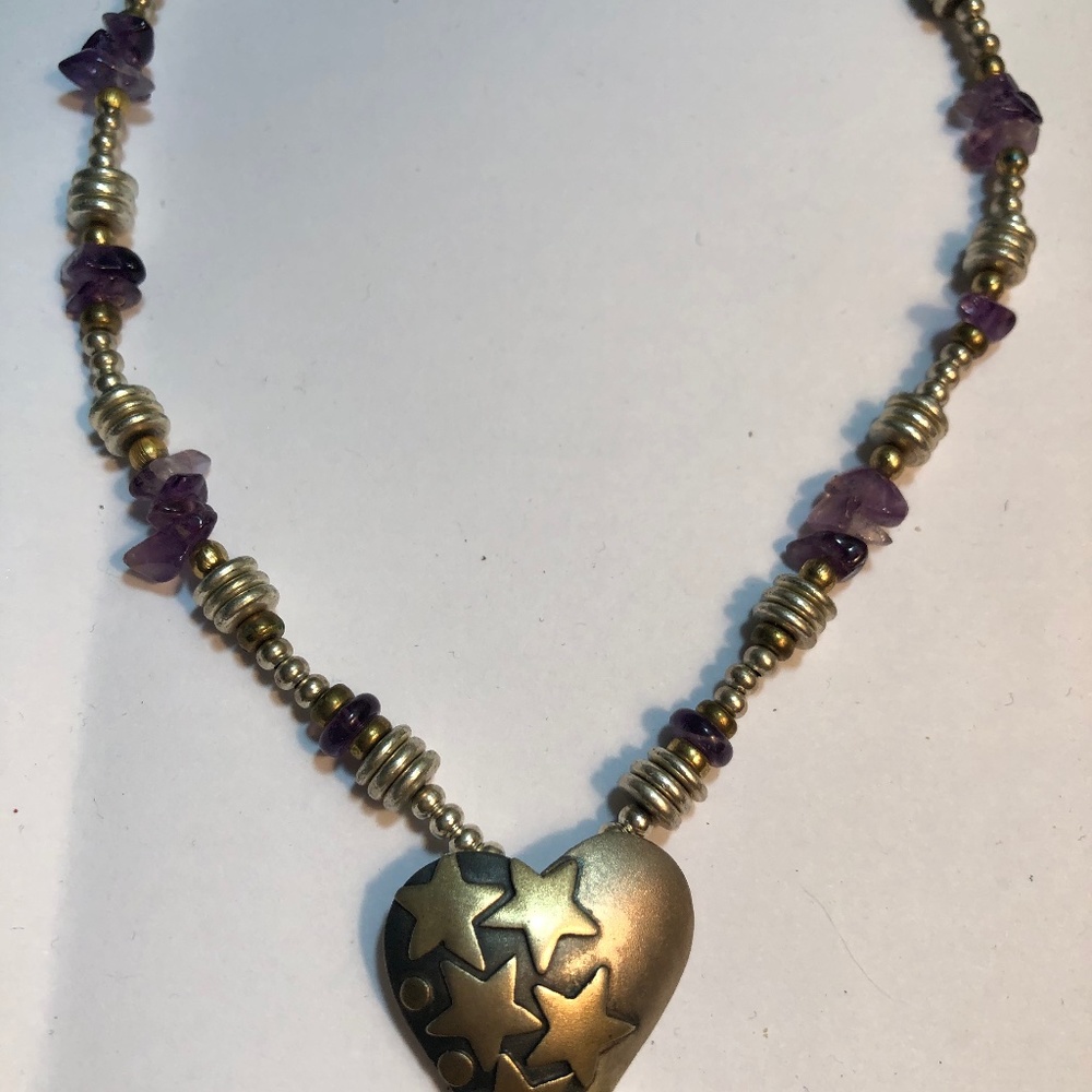 Michou Vintage Celestial Heart Amethyst and Gold Plated Necklace